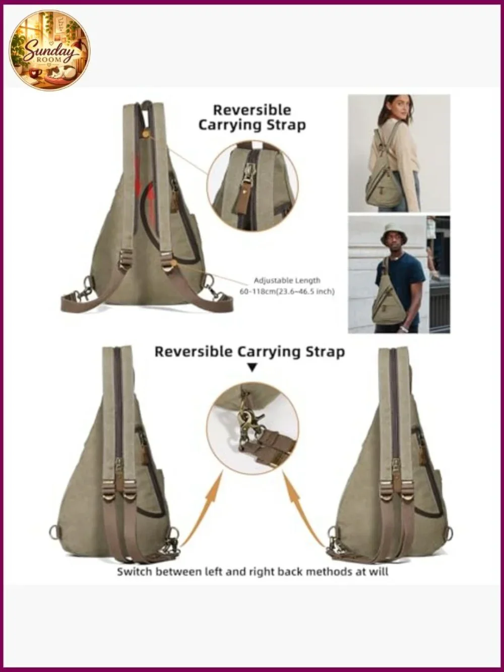 Canvas Sling Bag - Small Crossbody Backpack Shoulder Casual Daypack